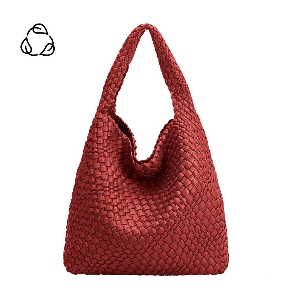 A large red woven vegan leather shoulder bag with a zip pouch inside