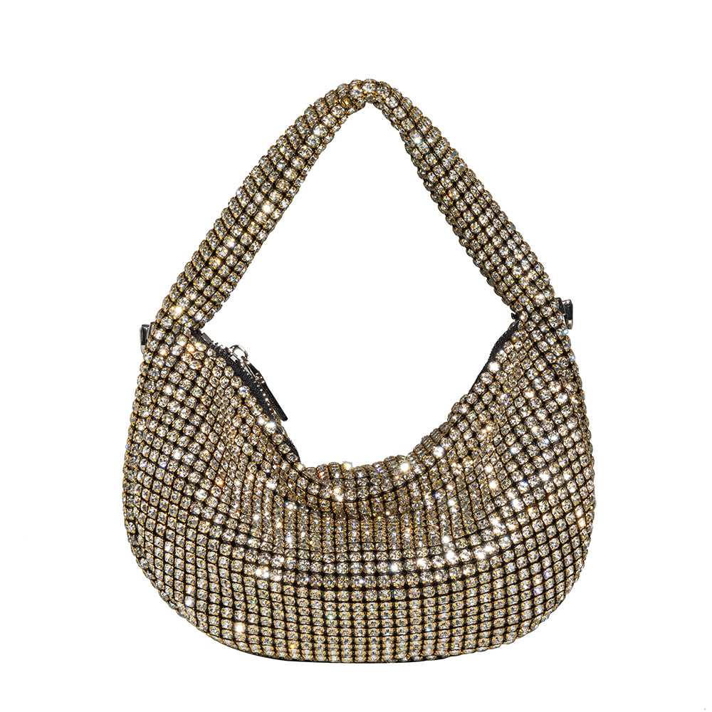 A small gold crystal encrusted crossbody bag.