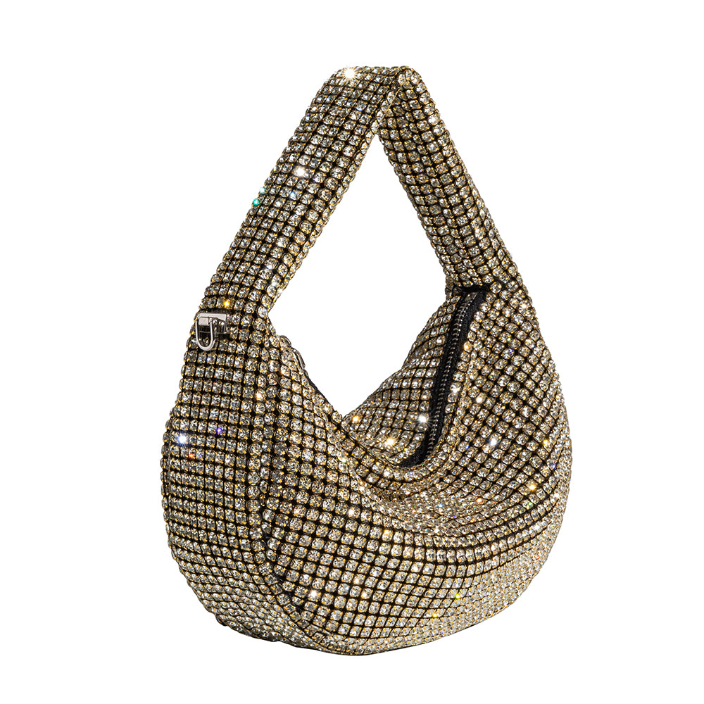 A small gold crystal encrusted crossbody bag.