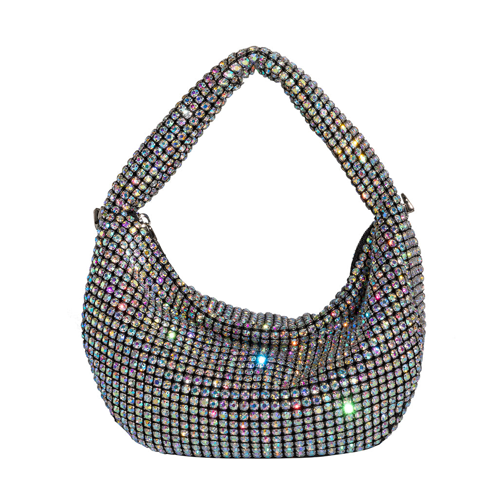 A small multicolored crystal encrusted crossbody bag.