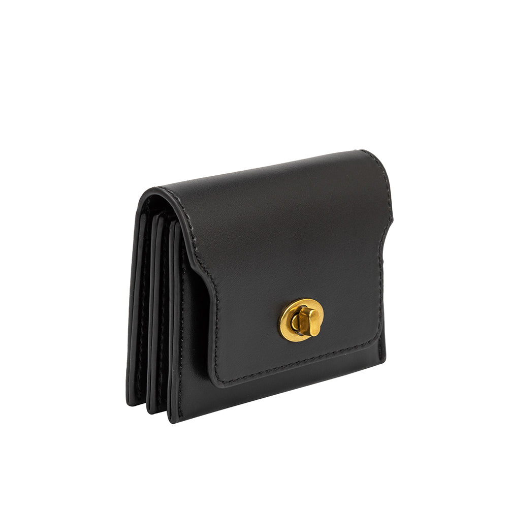 a small black card case wallet with a gold clasp. 