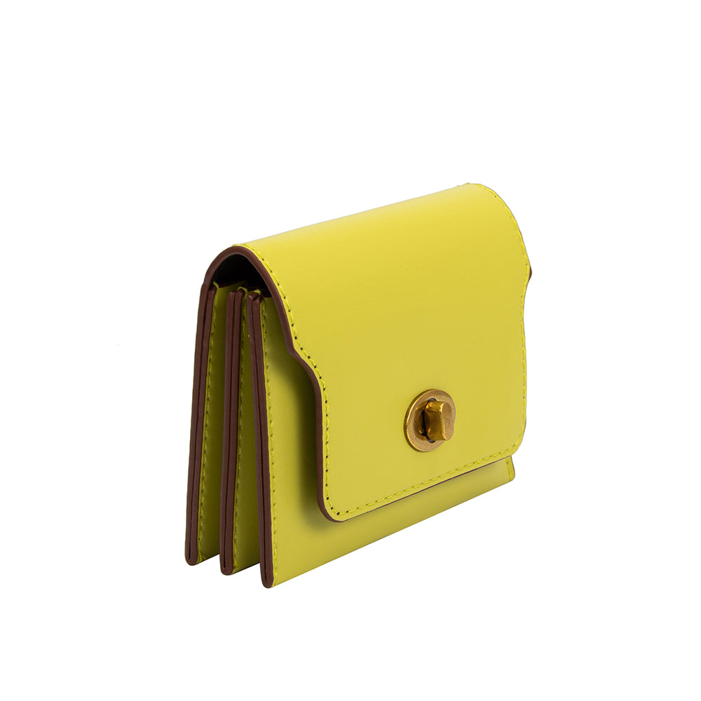 A small pistachio vegan leather card case wallet with a gold clasp. 