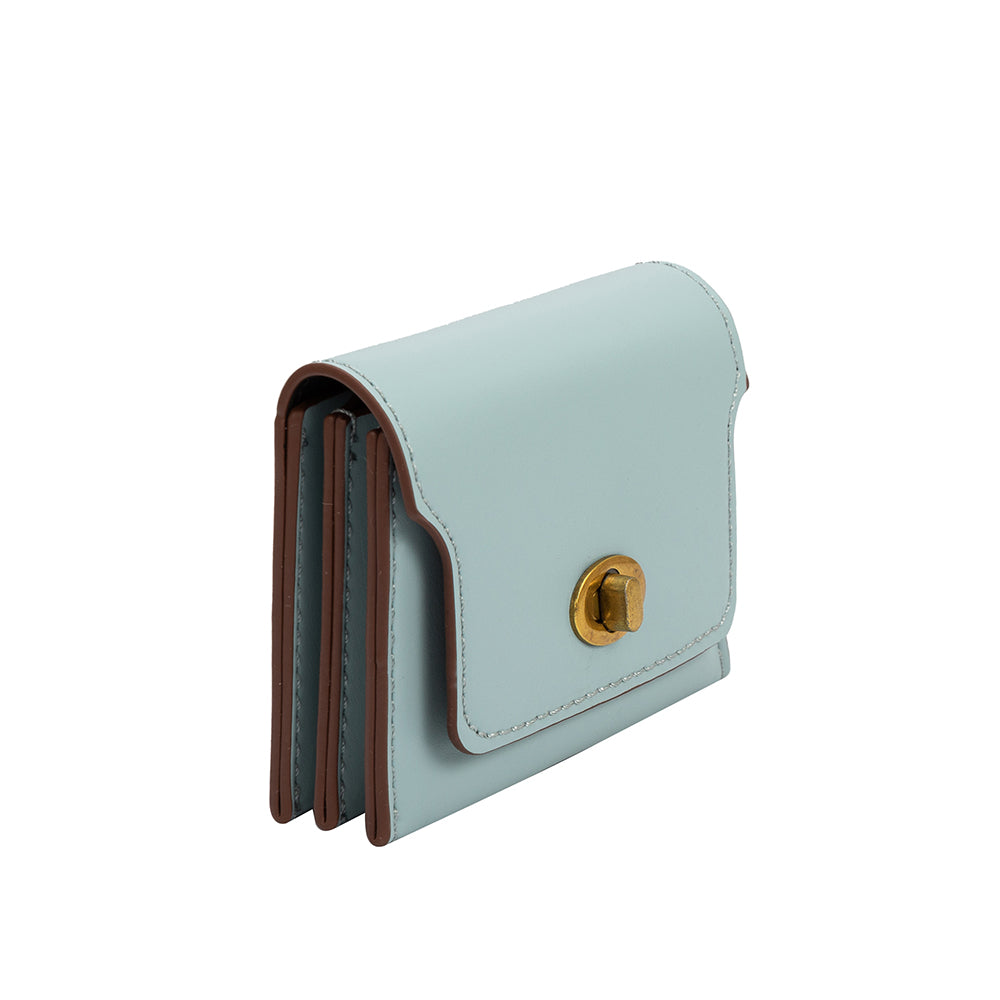 A small sky vegan leather card case with a gold clasp. 