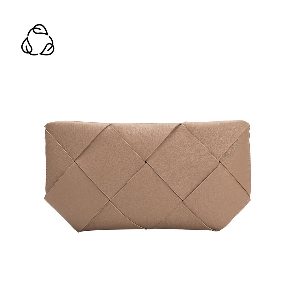 A small taupe woven vegan leather clutch with a crossbody strap.