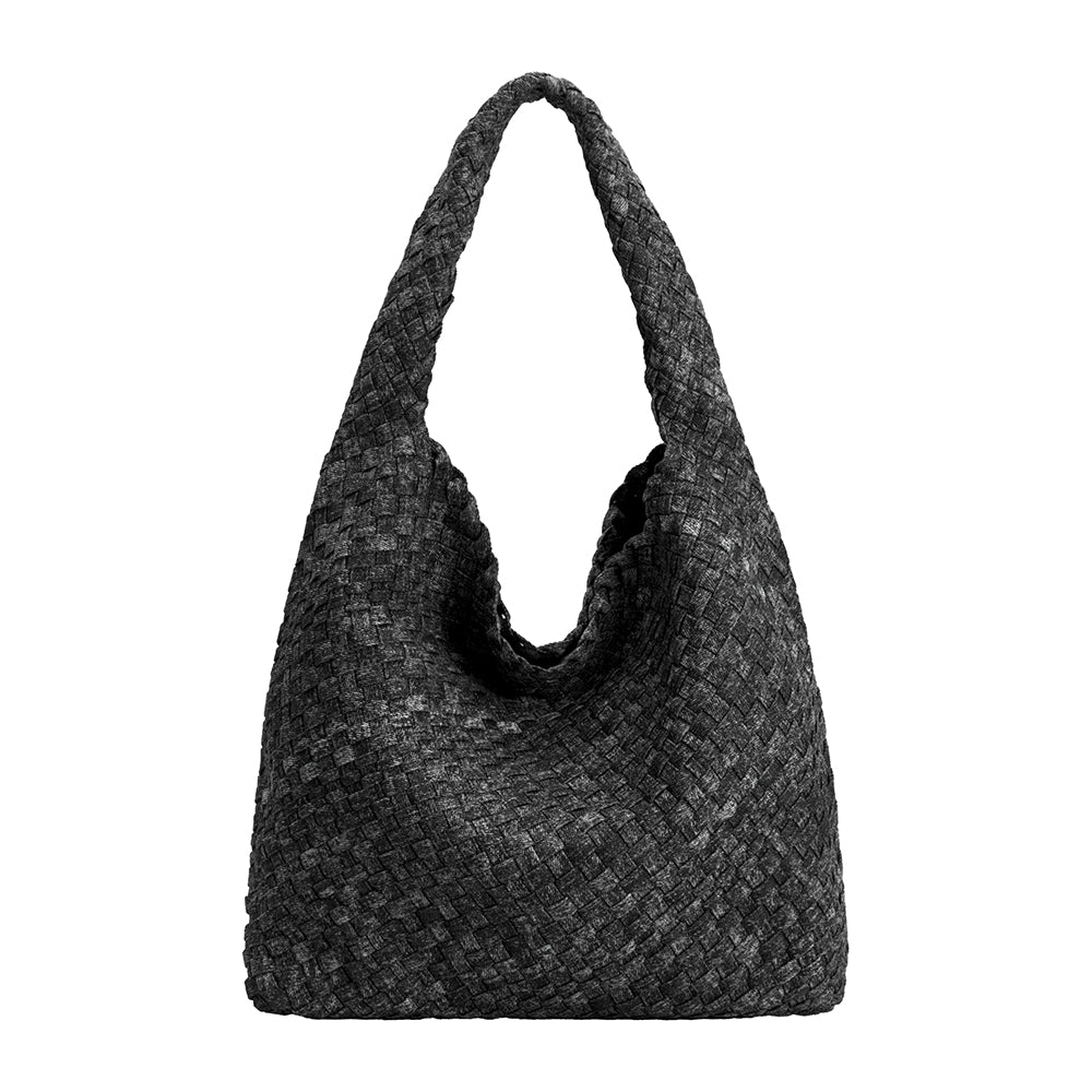 A large black denim woven handbag with a zip pouch inside.