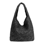 A large black denim woven shoulder bag with a zip pouch inside.