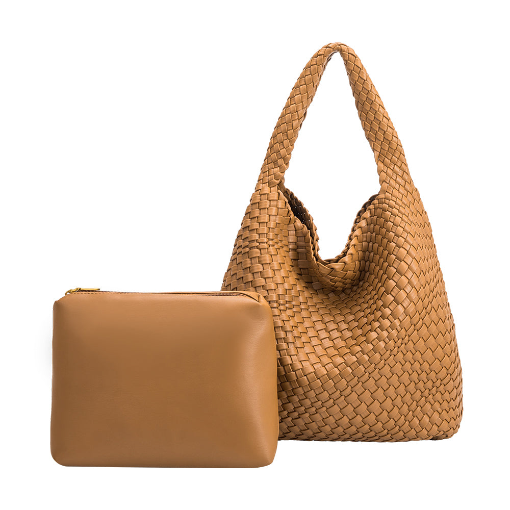 A large caramel woven vegan leather shoulder bag with a zip pouch.