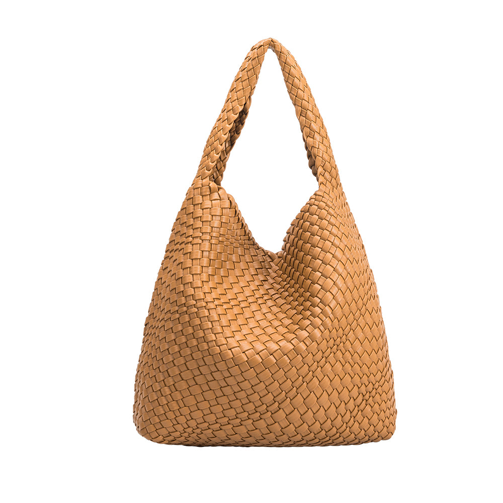 A large caramel woven vegan leather shoulder bag.