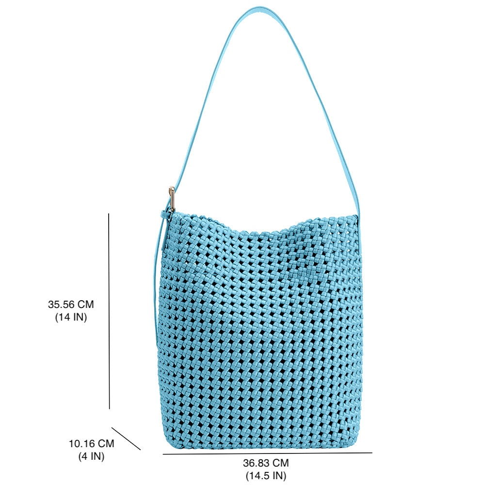 A measurement reference image of a large woven nylon tote bag with a zip pouch inside.
