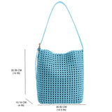 A measurement reference image of a large woven nylon tote bag with a zip pouch inside.