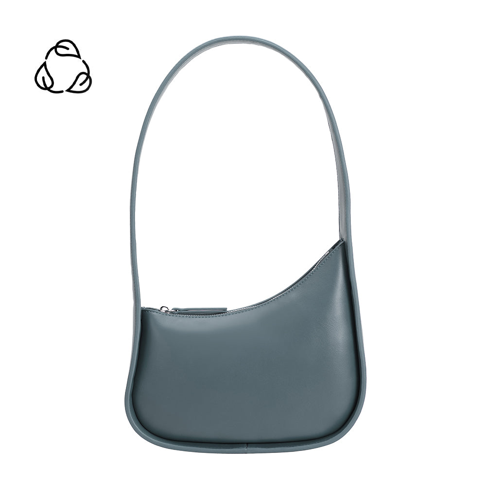 A small asymmetric slate vegan leather shoulder bag with a structured handle. 