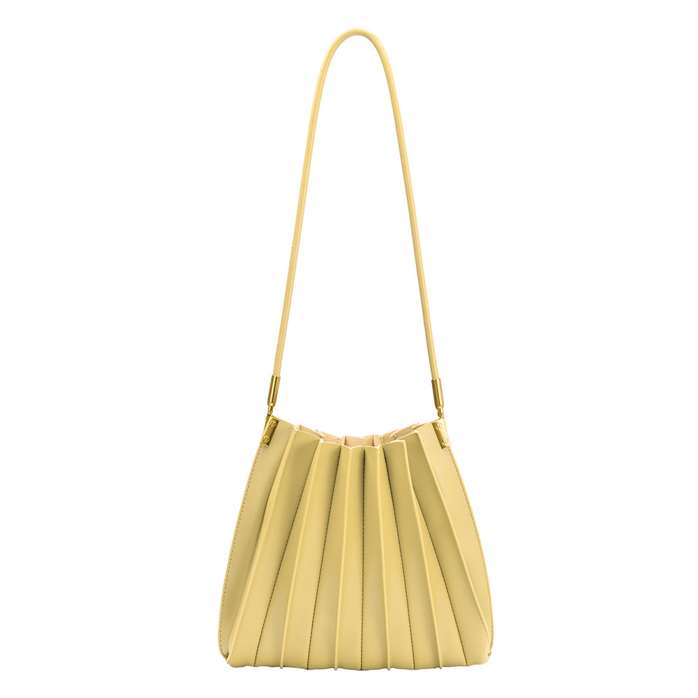 A medium yellow pleated vegan leather shoulder bag with a zip pouch inside.