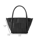 A measurement reference image for a black woven wide strap vegan leather tote bag with double handle.