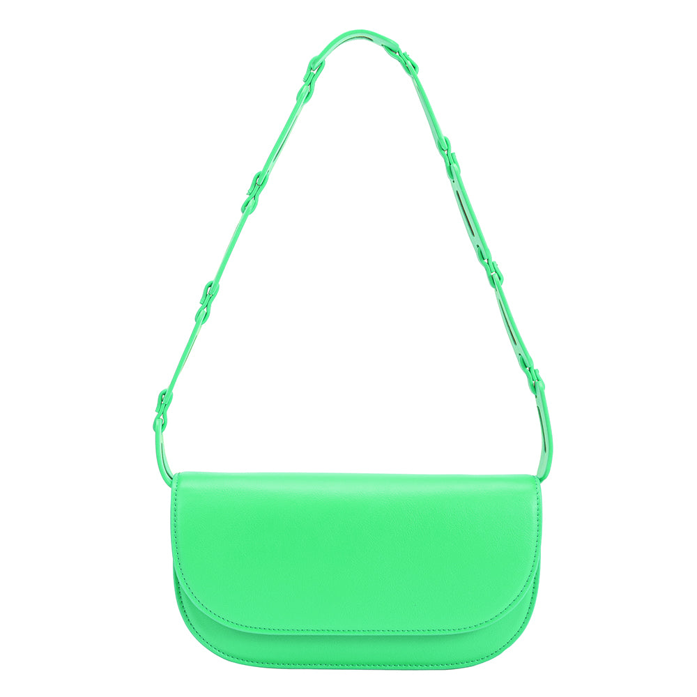 A small neon green vegan leather shoulder bag with a scalloped strap.