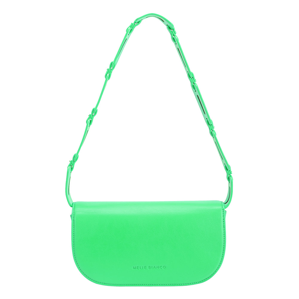 A small neon green neon vegan leather shoulder bag with a scalloped strap.
