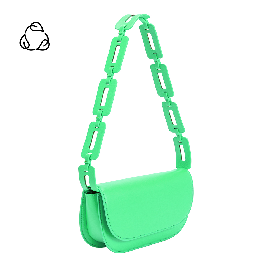 A small neon green vegan leather shoulder bag with a scalloped strap.
