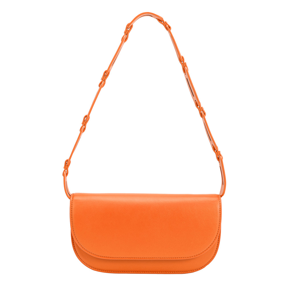 A small neon orange vegan leather shoulder bag with a scalloped strap