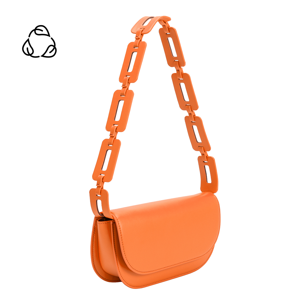A small neon orange vegan leather shoulder bag with a scalloped strap.