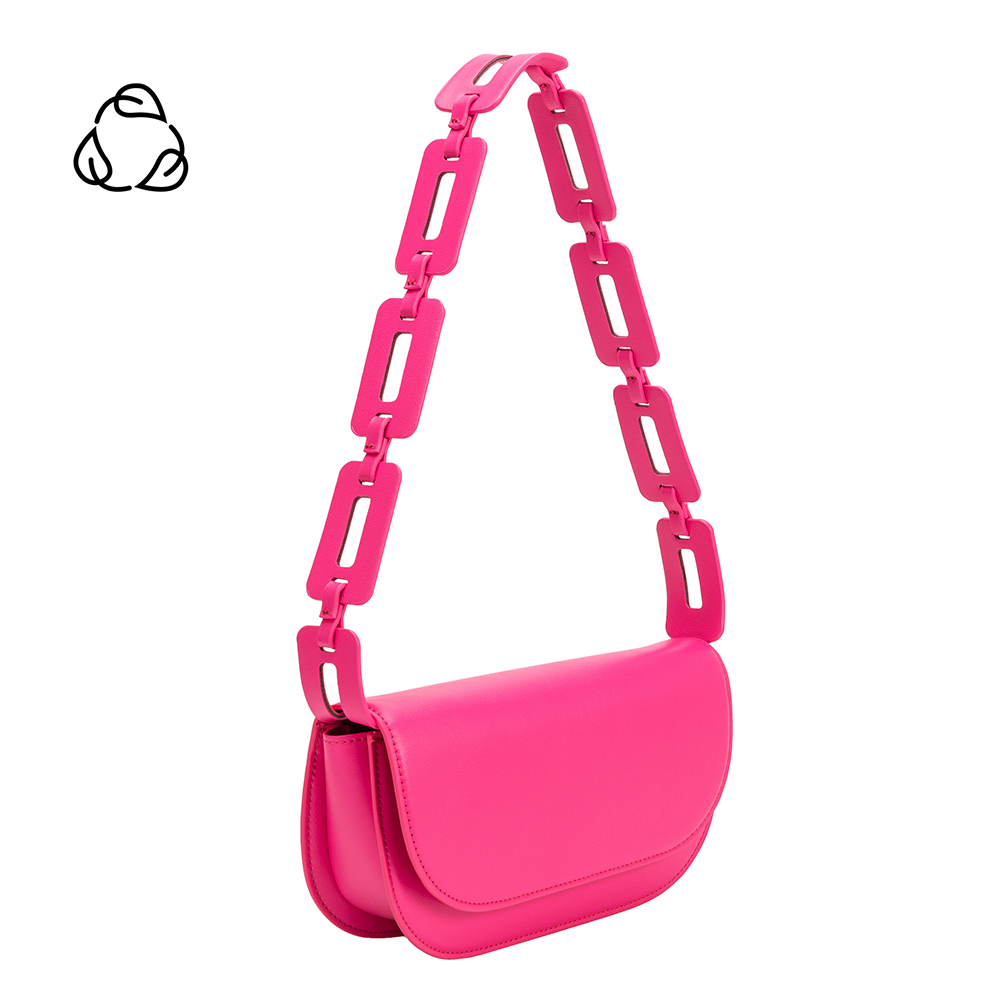 A small neon pink vegan leather shoulder bag with a scalloped strap.