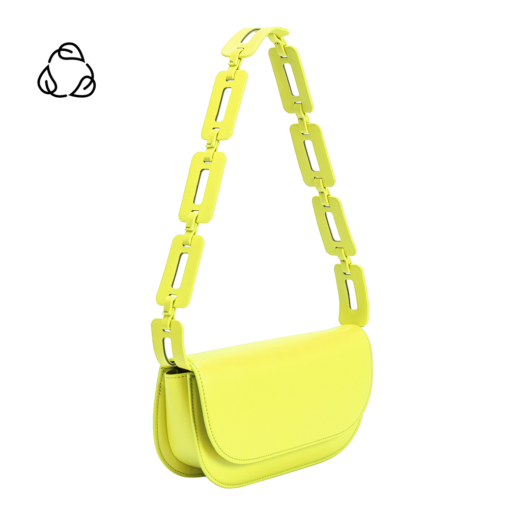 A small neon yellow vegan leather shoulder bag with a scalloped strap.