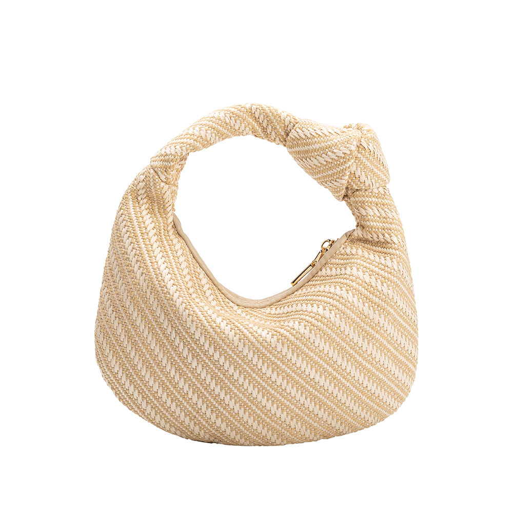 A small natural straw woven top handle bag with a knot handle