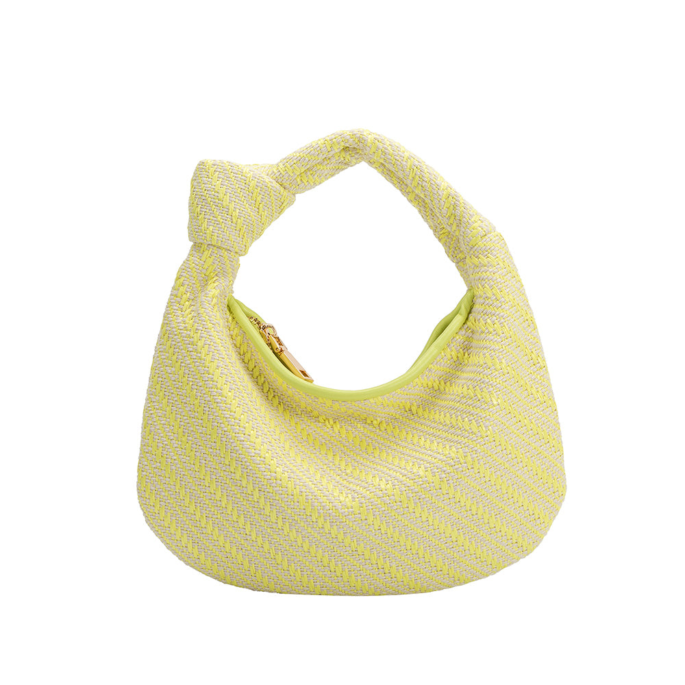 A small yellow straw woven top handle bag with a knot handle