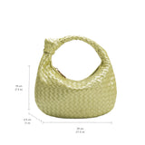 a measurement reference image of a small woven top handle bag with a knot handle