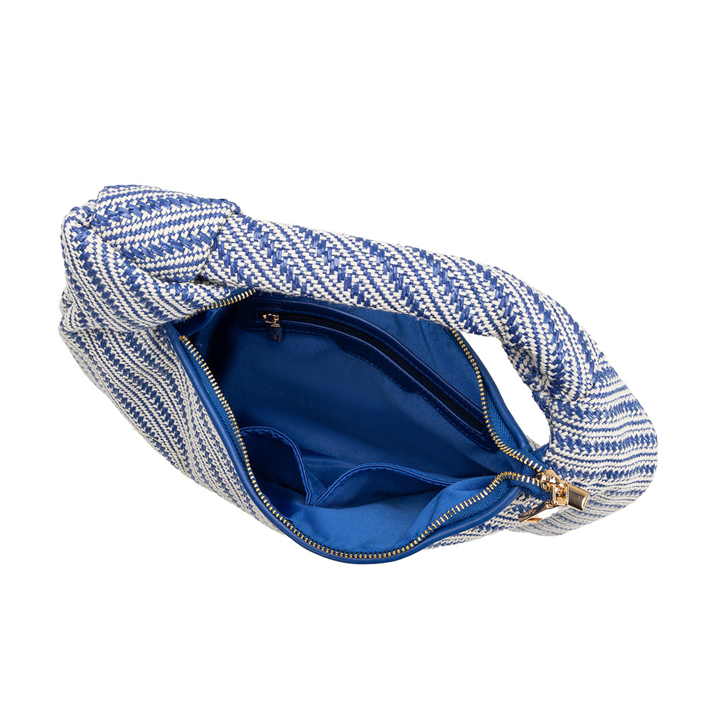 A large blue straw woven shoulder bag with a knot handle'