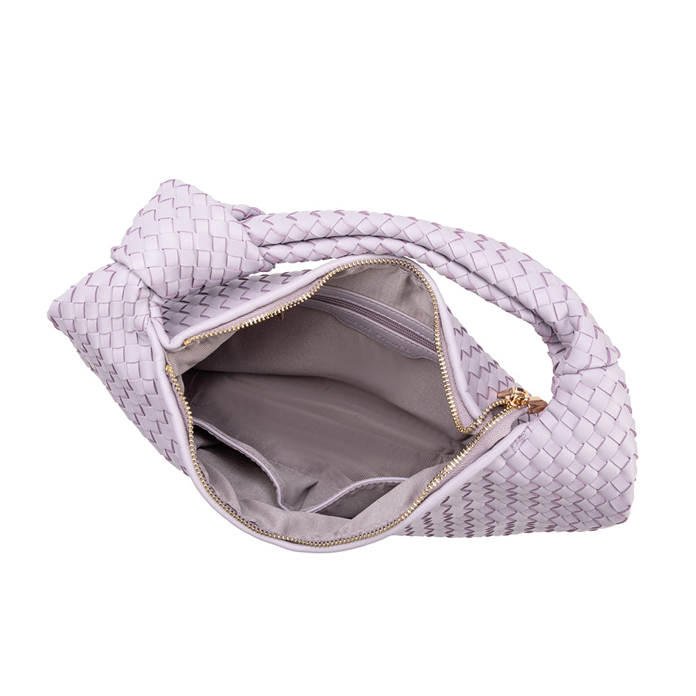 A large lilac woven vegan leather shoulder bag with a knot handle.