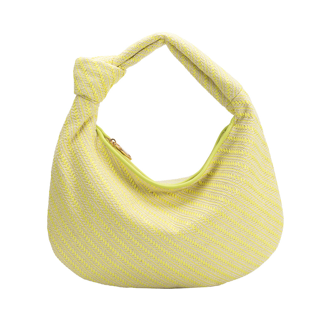 A large yellow straw woven shoulder bag with a knot handle bag