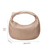 A measurement reference image for a large woven shoulder bag with a knot handle