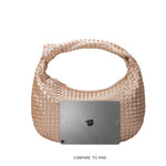 an ipad size comparison image for large woven shoulder bag with a knot handle