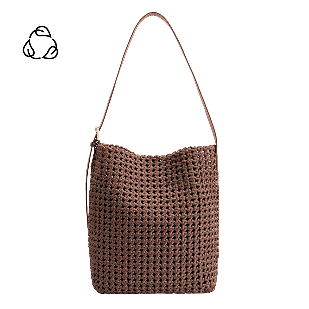 A large chocolate woven nylon tote bag with a zip pouch inside.