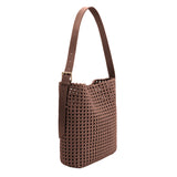 A large chocolate woven nylon tote bag with a zip pouch inside,