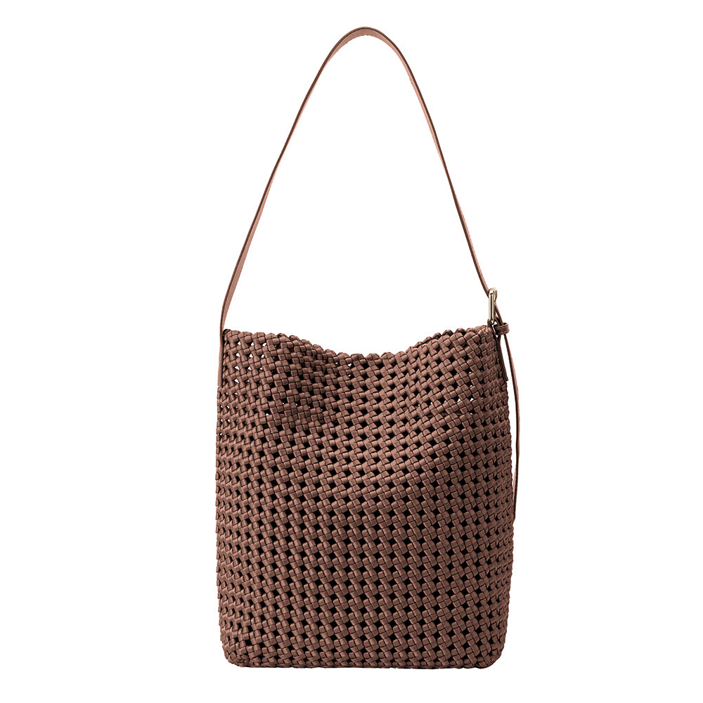 A large chocolate woven nylon tote bag with a zip pouch inside.