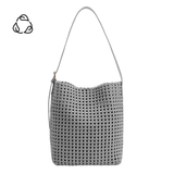 A large gray woven nylon tote bag with a zip pouch inside.