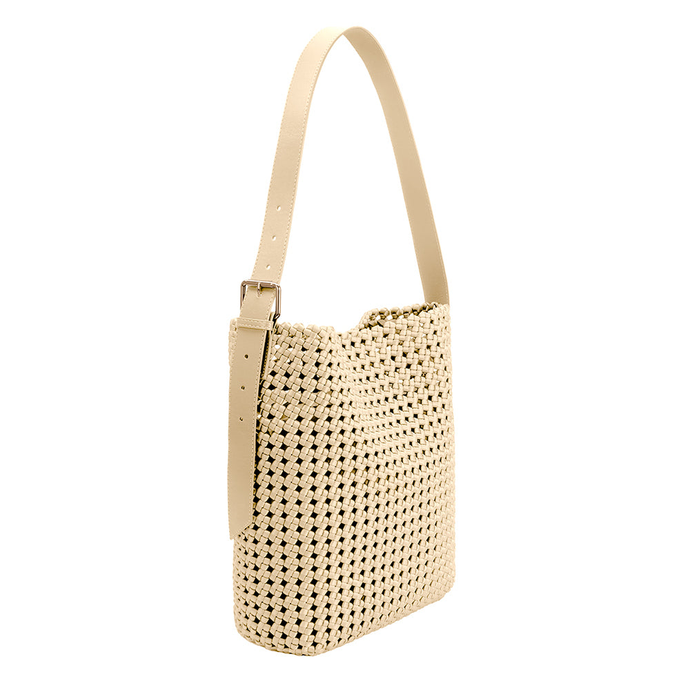 A large yellow woven nylon tote bag with a zip pouch inside