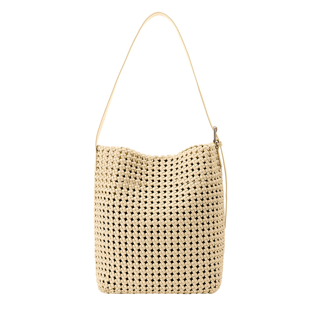 A large yellow woven nylon tote bag with a zip pouch inside