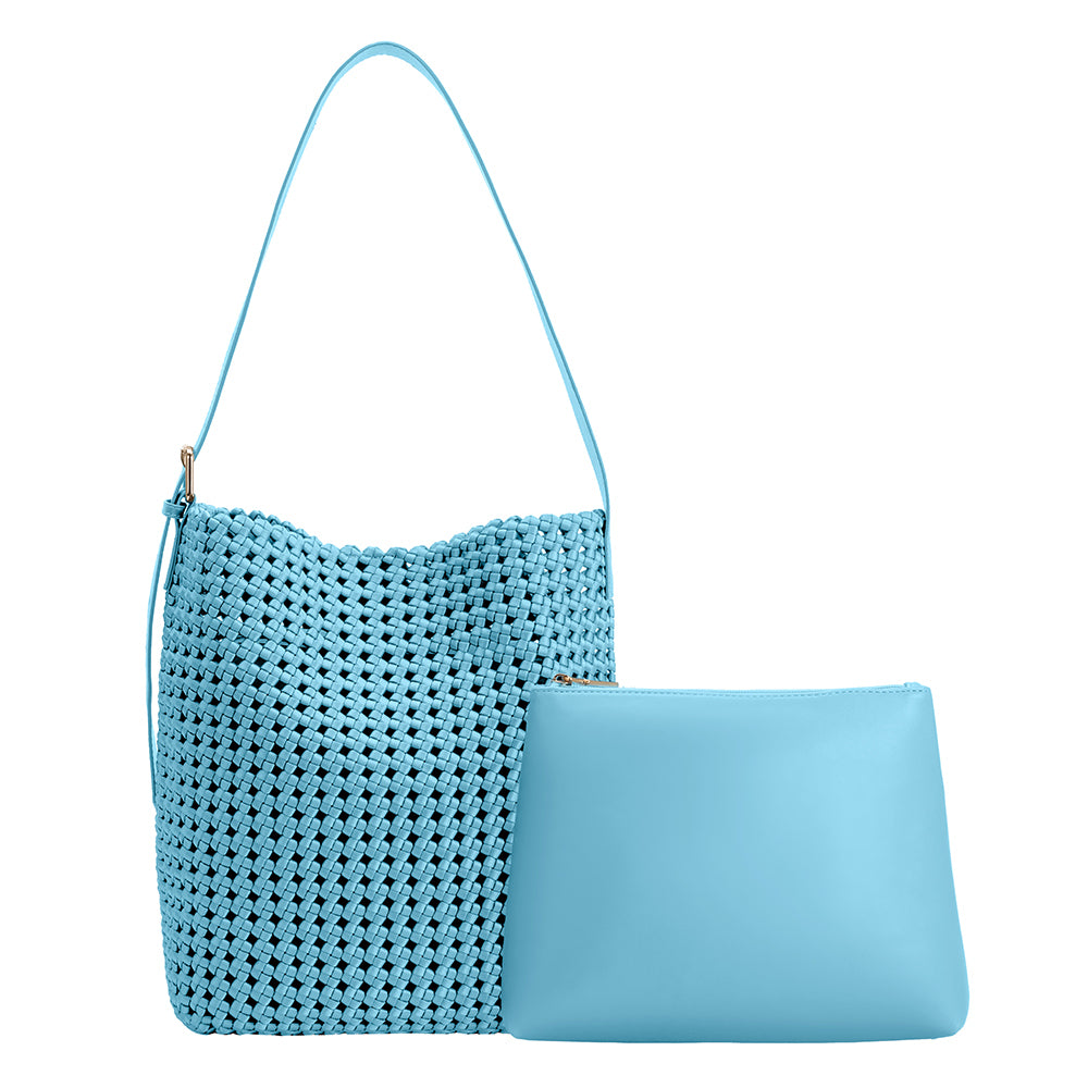 A large sky woven tote bag with a zip pouch inside