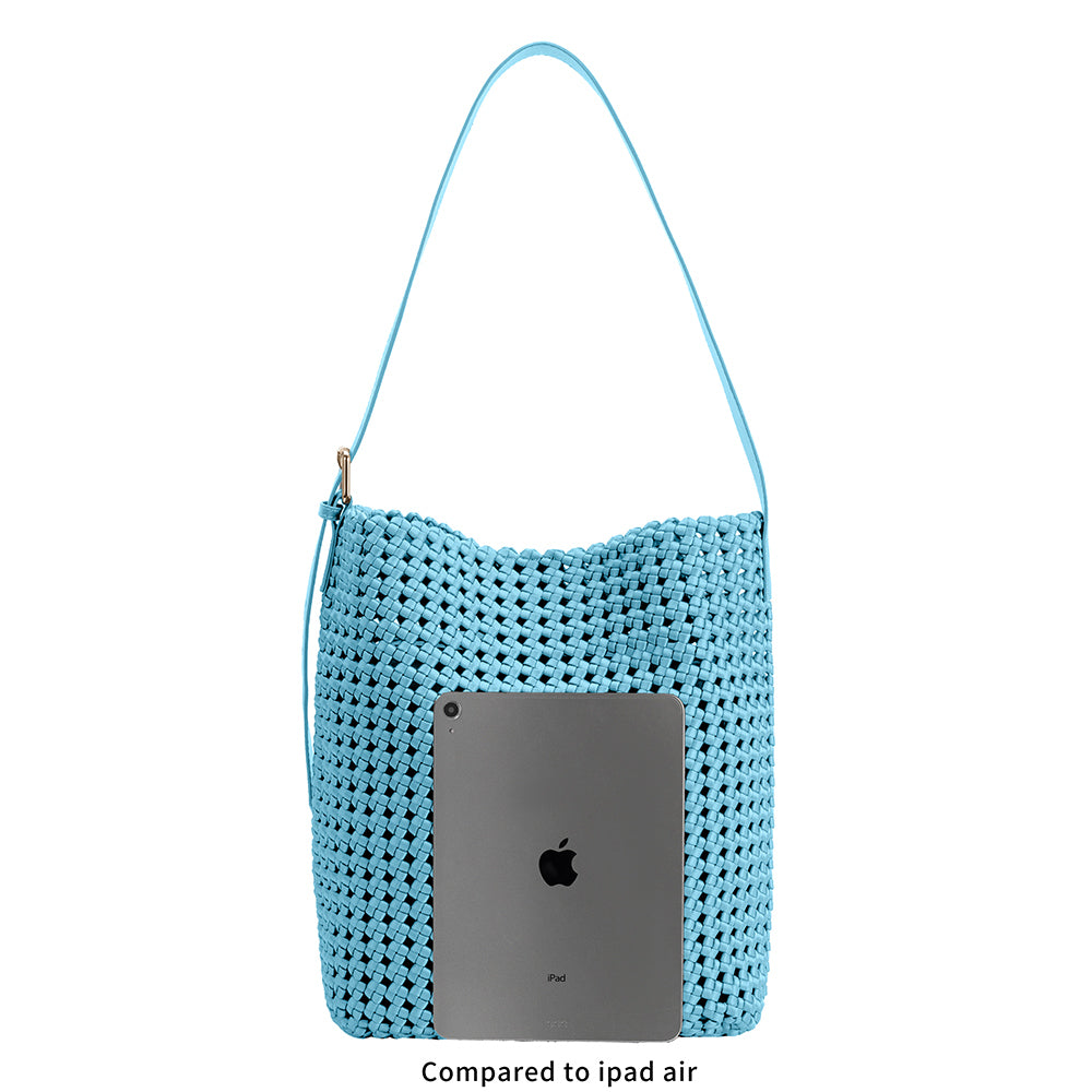 An ipad size comparison image for a large woven nylon tote bag with a zip pouch