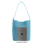 An ipad size comparison image for a large woven nylon tote bag with a zip pouch