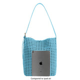 An ipad size comparison image for a large woven nylon tote bag with a zip pouch