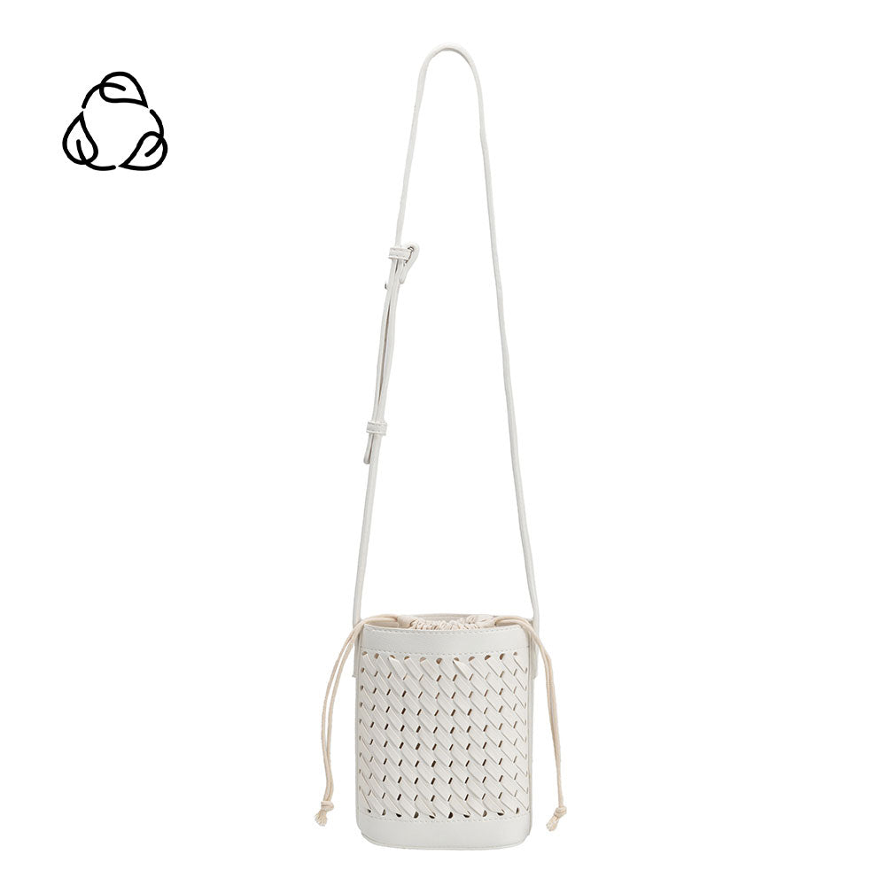 A small white woven vegan leather crossbody pouch with a drawstring pouch inside.