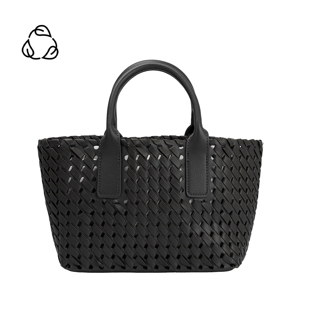 A small black woven vegan leather top handle bag with a drawstring closure.