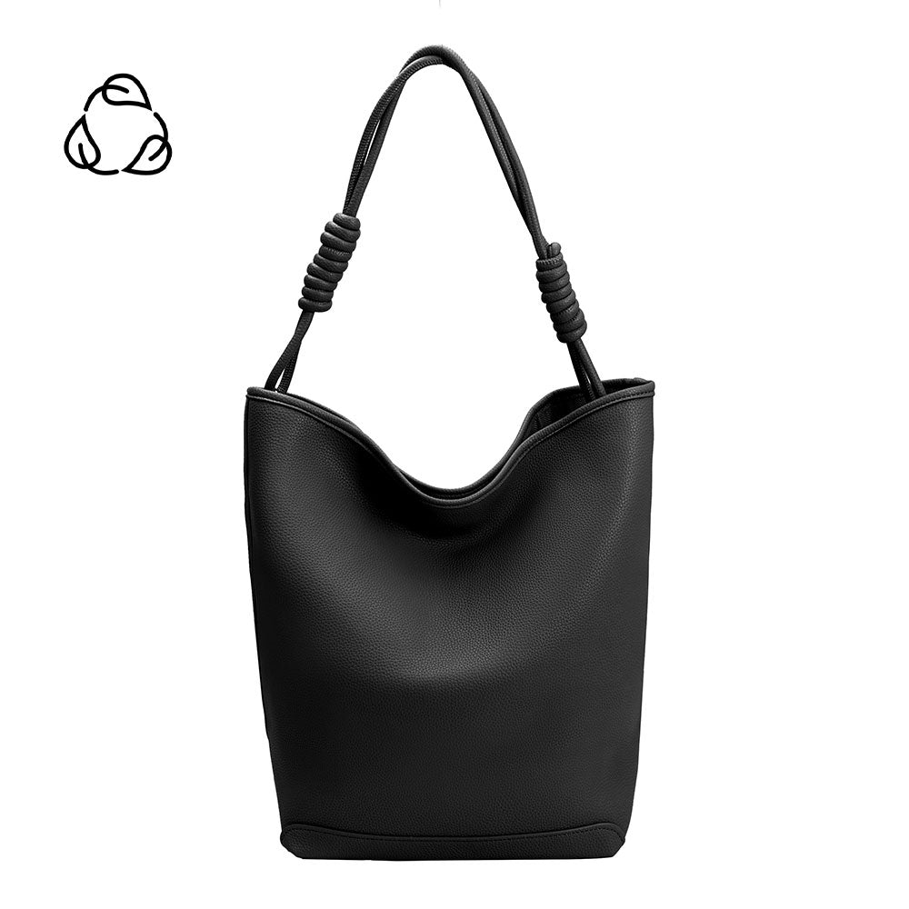 A large black vegan leather tote bag with a double knotted handle,