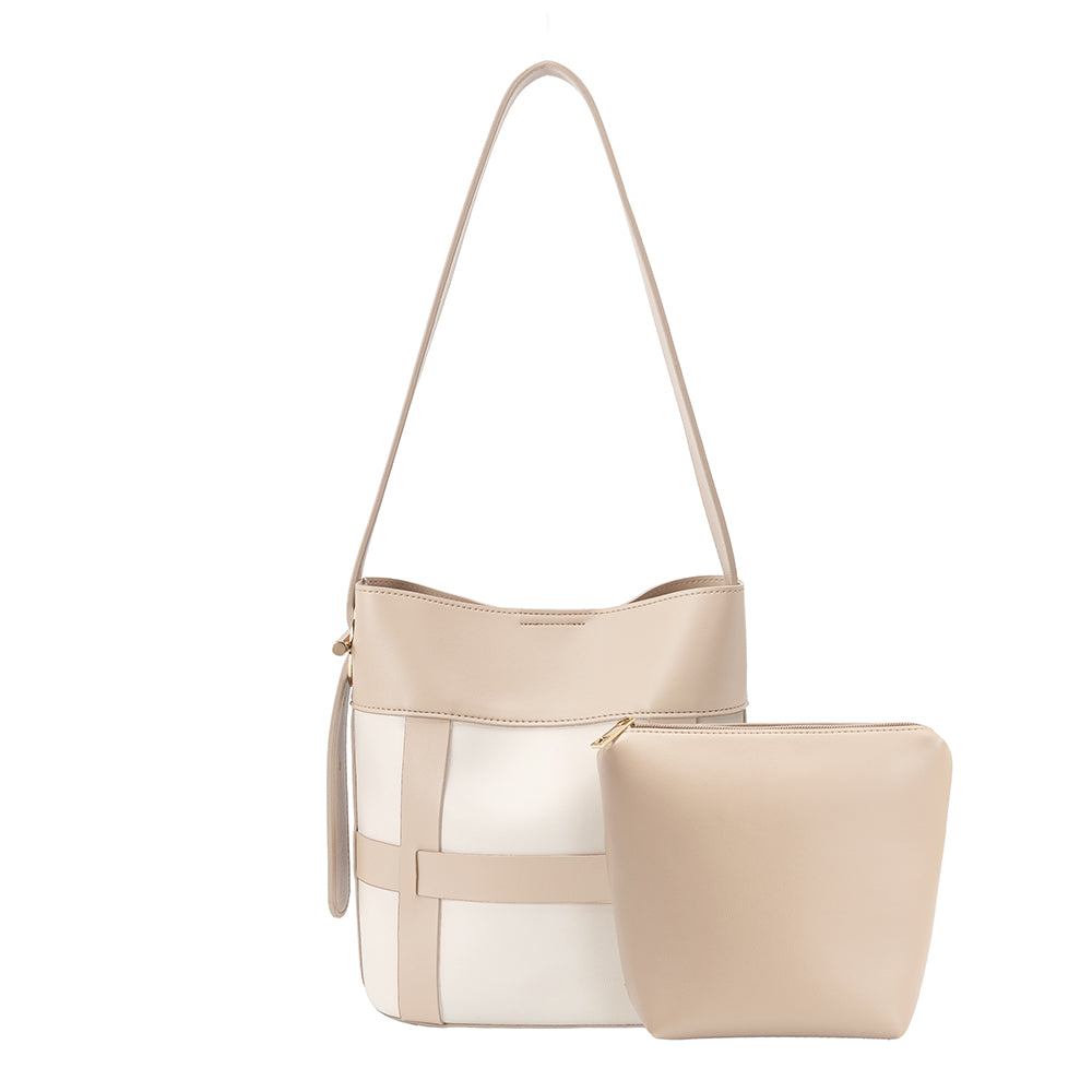 A small bone vegan leather shoulder bag with a zip pouch inside. 