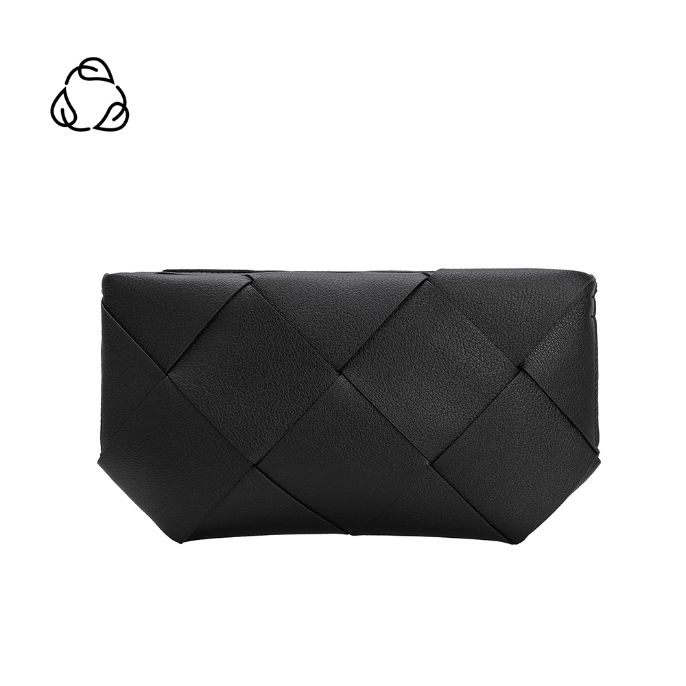 A small black woven vegan leather clutch with a crossbody strap.