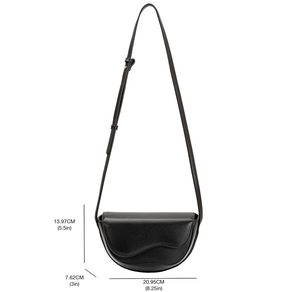 A measurement reference image of a small vegan leather crossbody bag with a wavy front flap closure.