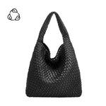 A black large woven vegan leather shoulder bag.