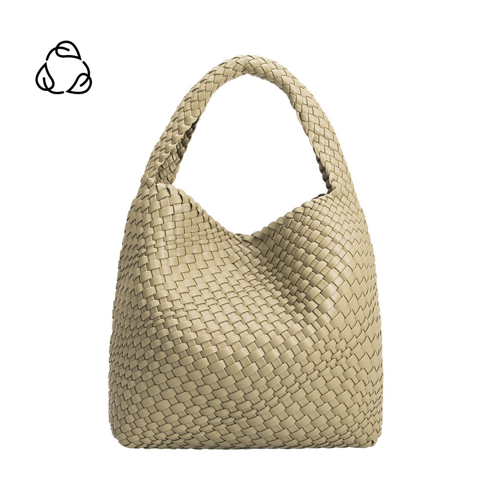 A large moss woven vegan leather shoulder bag.